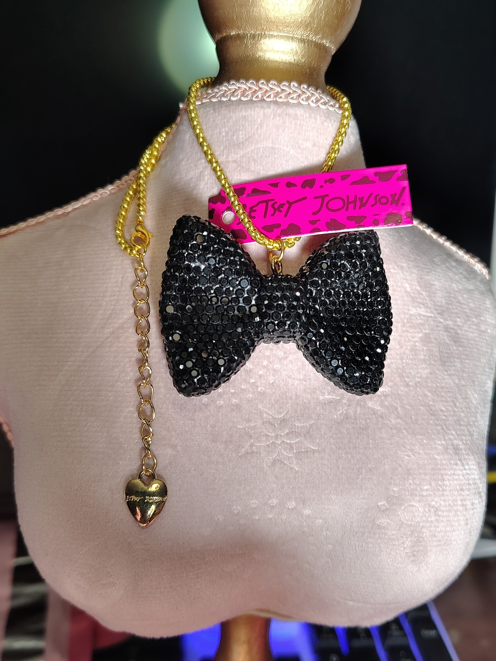 Betsey Johnson Black Crystal Bow Pendant Necklace